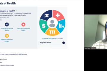 Dr. Stephanie Meredith presenting on social determinants of health over Zoom, wearing a blue DNA Dash running headband.