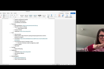 List of resources for families on Word document presented by woman with brown hair and red-and-white striped sweater.
